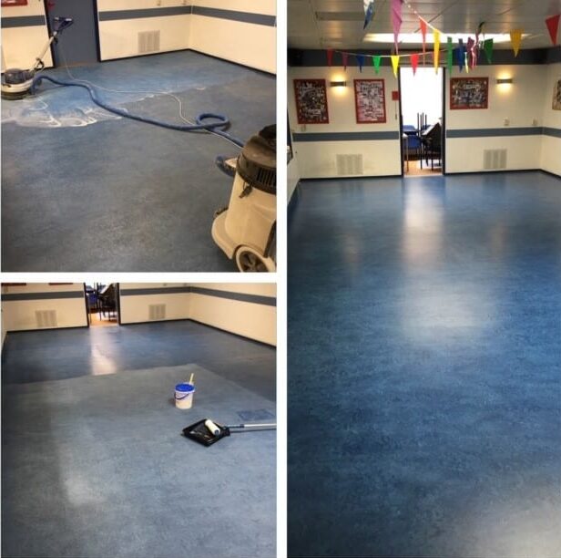 Marmoleumvloer laten reinigen en conserveren voor een langdurige glans en betere bescherming tegen slijtage.